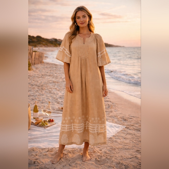 Tuckernuck Dresses & Skirts - Tuckernuck Tnuck Beach Sand Dune Finley Caftan XL Cotton Midi Fringe Embroidered